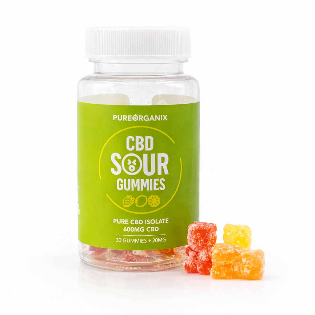 CBD Sour Gummies bottle - Broad spectrum THC-free hemp edibles made in Canada