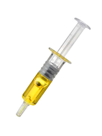 High-potency Full Spectrum CBD Distillate in a 1-gram syringe, showing a translucent amber-gold "honey" consistency for precision dosing.